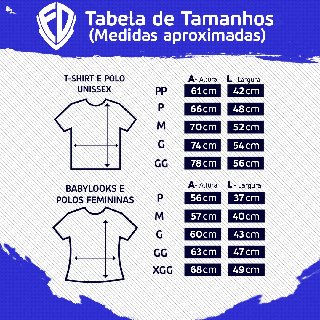 imagem das medidas de camisetas, sendo p, m e g unissex e babylook